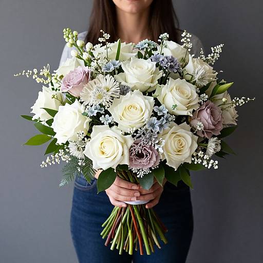 Photograph of a woman holding a bouquet of white, cream, and light pink roses with blue delphiniums and greenery, wearing a white