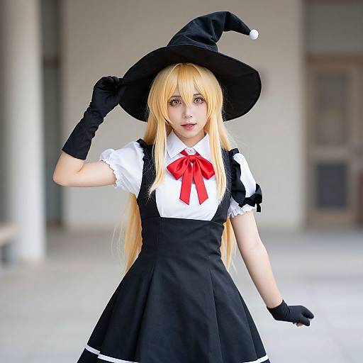 Photograph of a blonde cosplayer in a black witch hat, white blouse with red bow, black dress, and black gloves, standing indoors.