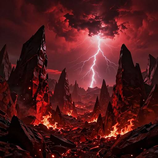 Dramatic digital artwork of a volcanic, rocky landscape with jagged black peaks, bright red lava, and a vivid lightning bolt illuminating a red