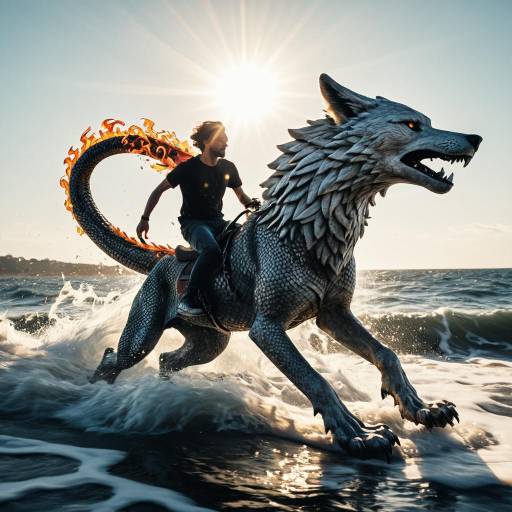 Man Riding Fiery Serpent Wolf Hybrid Over Ocean Waves