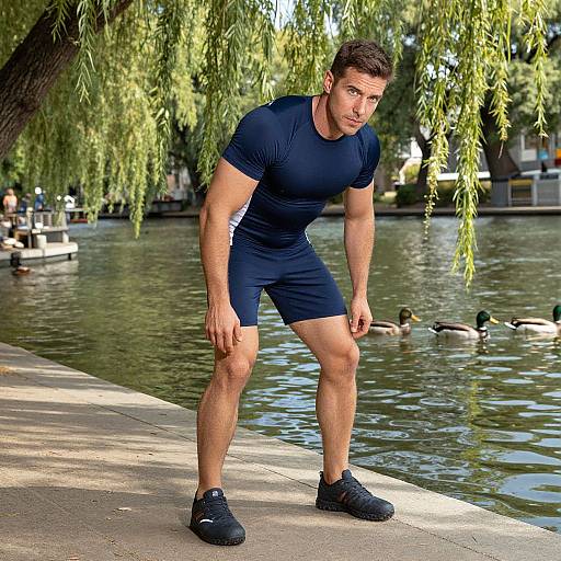 Athlete by Riverbank with Intense Gaze