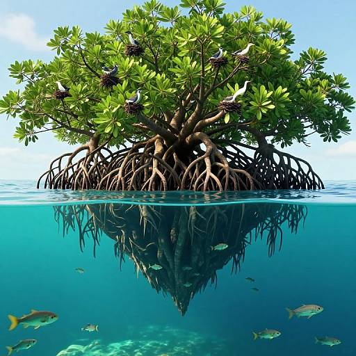 Photograph of a vibrant, green mangrove tree with tangled roots submerged half in clear blue water, reflecting above, surrounded by various fish swimming below.