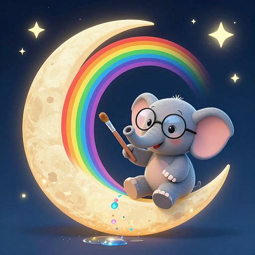 Whimsical Baby Elephant Painting Moon