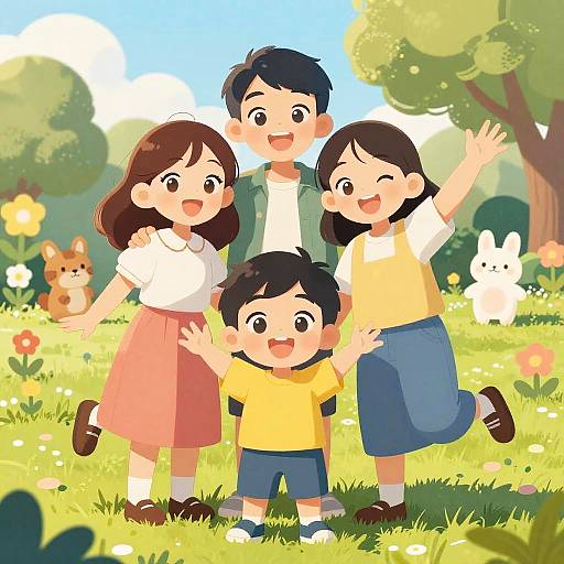Digital anime-style illustration of four cheerful Asian children, two boys and two girls, waving in a sunny, flower-filled meadow with a dog and bunny