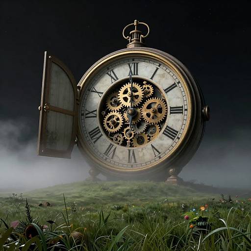 Surreal Colossal Clock in Foggy Meadow