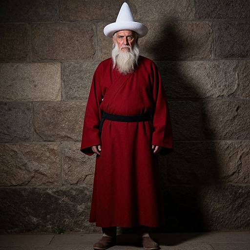 Photograph of an elderly white man with a long white beard, wearing a white pointed hat and red robe, standing against a dark stone wall.