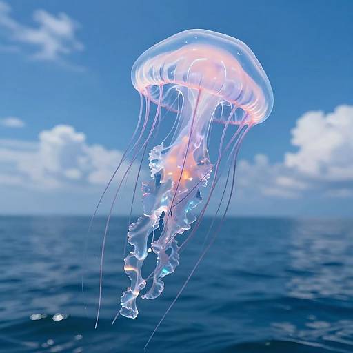 Photograph of a glowing, translucent jellyfish with pink and orange highlights, floating in the deep blue ocean under a bright, clear sky with fluffy white