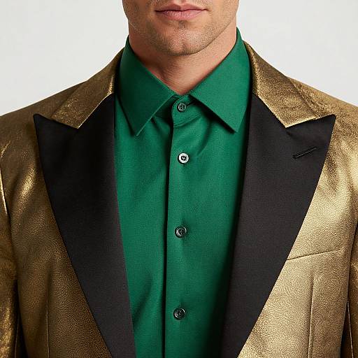 Photograph of a man's upper body in a green button-up shirt, gold textured suit with black lapels, against a white background.