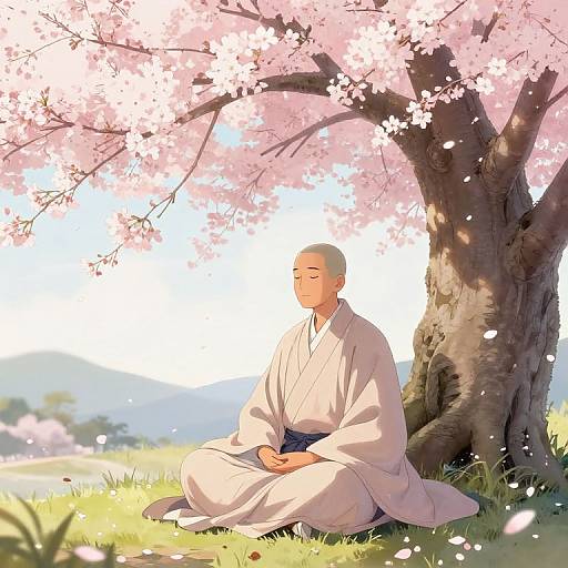 Digital anime-style illustration of a bald, serene elderly man in a white kimono, meditating under a blooming cherry tree. Pink petals fall gently