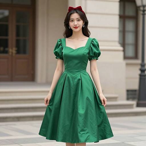 Photograph of an Asian woman with fair skin, wearing a green, vintage-style dress with puffed sleeves, red bow in hair, standing in front