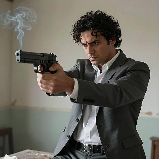 Man in Gray Suit Firing Handgun Indoors