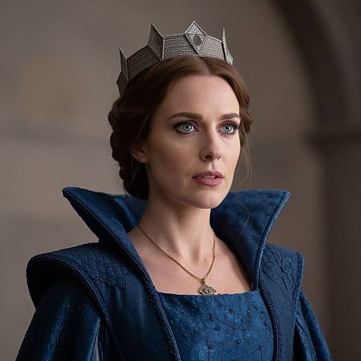 Photograph of a fair-skinned woman with blue eyes, wearing a silver crown, dark blue high-collared dress, and gold necklace, looking