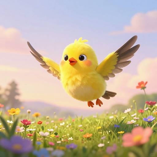Cute, digital CGI image of a fluffy, yellow chick with big eyes and outstretched wings, flying over a colorful, blooming meadow