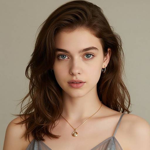 Photograph of a fair-skinned young woman with blue eyes, wavy brown hair, wearing a thin-strapped grey top and gold necklace, against