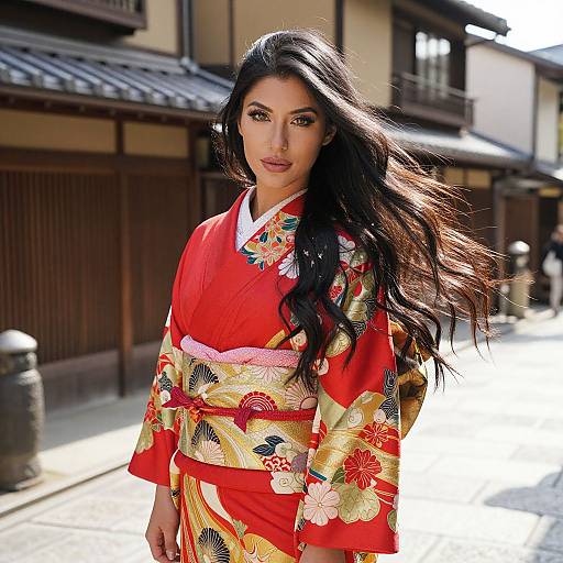 Photograph of an Asian woman with long black hair, wearing a vibrant red and gold floral kimono, standing on a sunlit traditional Japanese street.