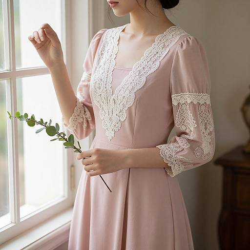 Photograph of a slender woman in a delicate pink lace dress, standing by a sunlit window, holding a green leafy branch.