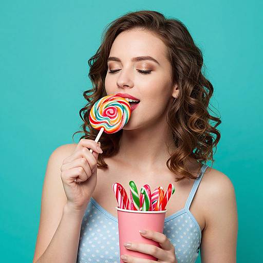 Photograph of a young woman with curly brown hair, blue polka-dot top, licking a colorful swirl lollipop, holding a pink cup with red