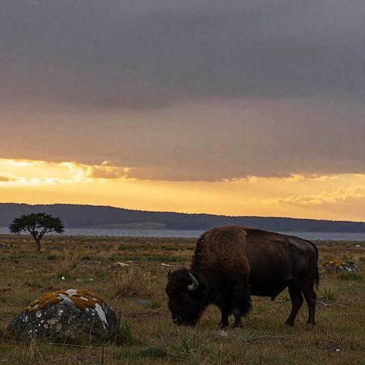 Photograph of a lone bison grazing in a grassy, rocky field at sunset, with a dramatic, cloudy sky and distant water body.