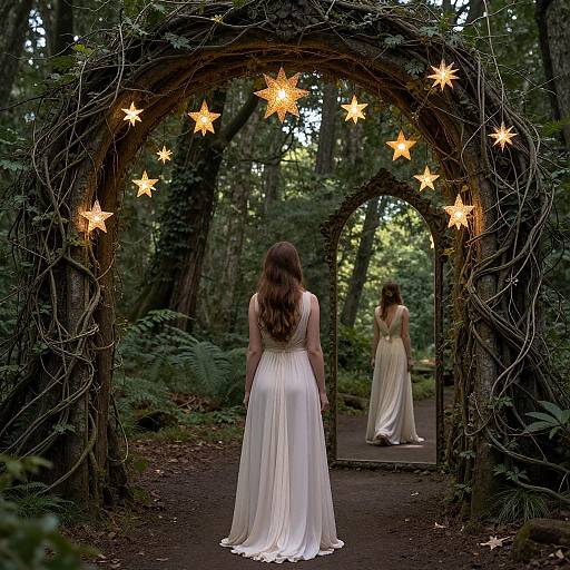 Photograph of a woman with long brown hair in a white, flowing dress, standing before a forest archway mirror adorned with glowing stars, reflecting her