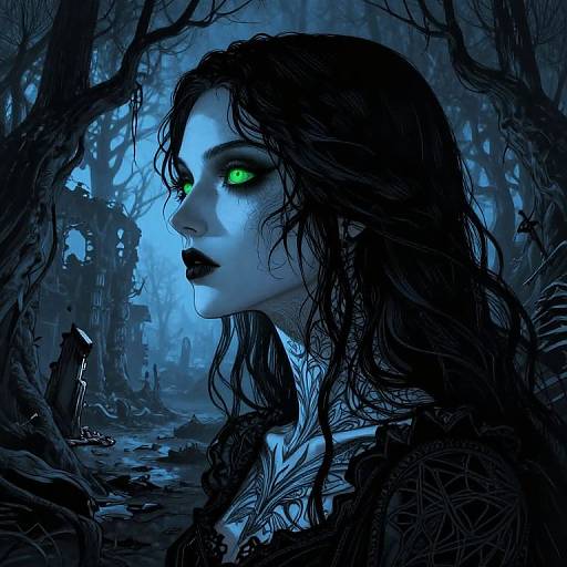 Digital art: Blue-lit, eerie forest scene with a pale, green-eyed woman with black hair and dark lipstick, standing amid twisted trees and ancient