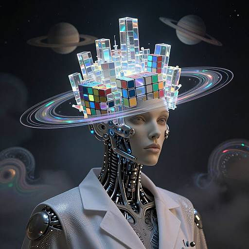 Digital artwork of a futuristic female robot with a glowing, floating 3D cube crown, wearing a white suit against a cosmic background with planets and rings