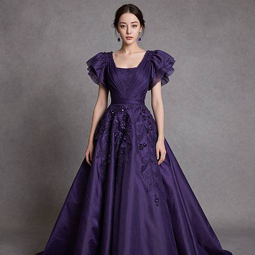 Photograph of an East Asian woman with fair skin, black hair in an updo, wearing a full, dark purple, Victorian-style gown with p