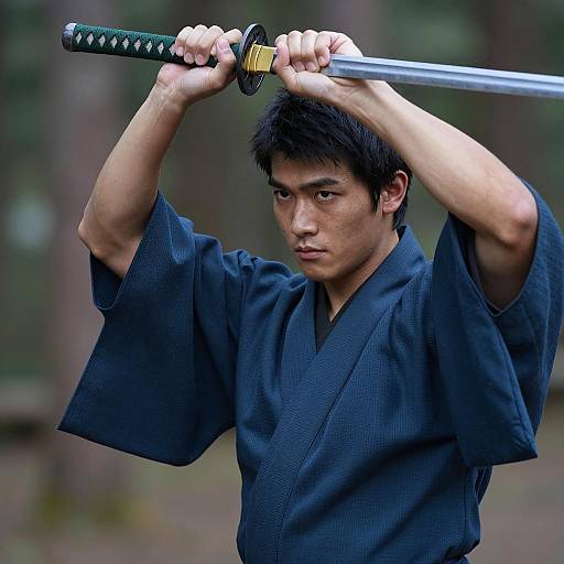 Young Samurai Holding Katana in Forest
