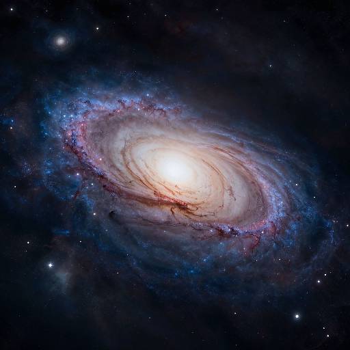 Photograph of a bright spiral galaxy with a glowing white core, surrounded by blue and purple nebulous clouds, set against a dark, star-filled universe