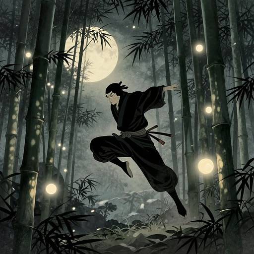 Ukiyo-e Ninja Moonlit Bamboo Leap