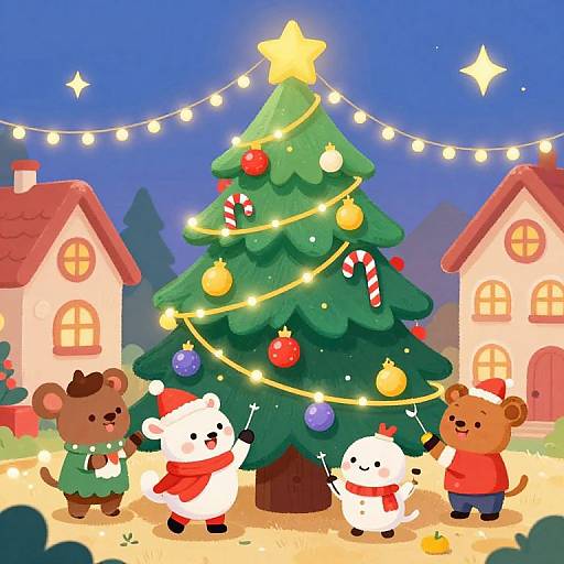 Cheerful Animal Family Decorating Christmas Tree