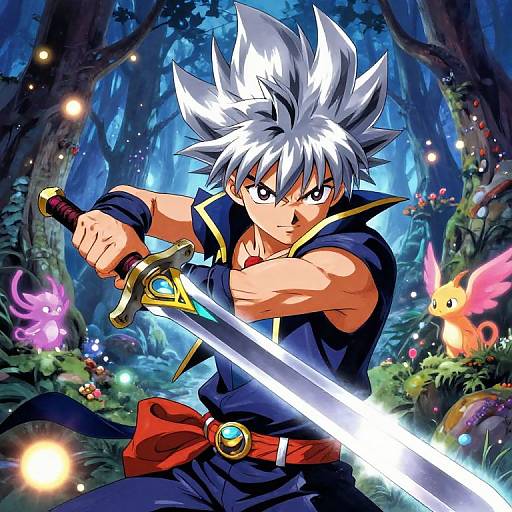 Anime-style drawing of a silver-haired warrior with spiky hair, wielding a glowing sword in a magical forest, surrounded by glowing fireflies and a pink