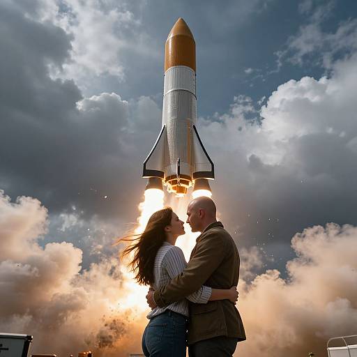 Photograph of a bald man and woman kissing in front of a rocket blasting off, surrounded by dramatic clouds and bright flames.