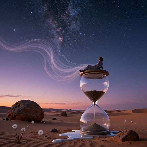 Digital art: Silhouetted person sits on giant hourglass in desert, under starry night sky with Milky Way, dandelions, and