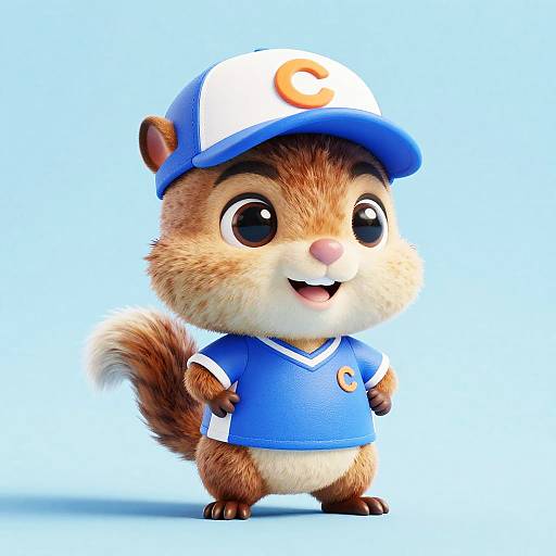 Cute CGI cartoon chipmunk in blue soccer jersey and white-blue cap, standing with hands on hips, smiling against light blue background.