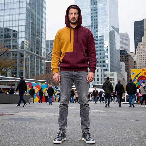 Photograph of a bearded man with dark hair, wearing a yellow and maroon hoodie, gray jeans, and black sneakers, standing in a busy
