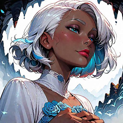 Dark Skin Woman in Wedding Dress with Blue Flowers