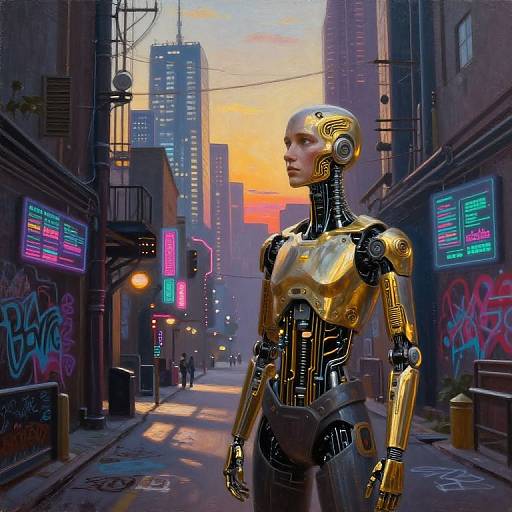 CGI image of a golden robotic humanoid standing in a neon-lit, urban alleyway at sunset, surrounded by graffiti and skyscrapers.