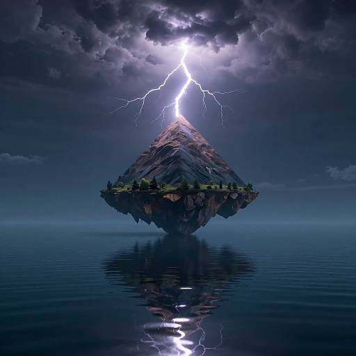 Photograph-like CGI of a rocky island with trees, reflecting in calm water, beneath a dramatic lightning strike in a stormy, dark blue sky.