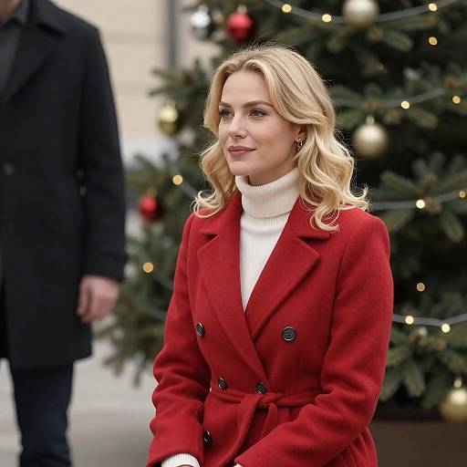 Blonde Woman in Red Coat, Christmas Tree