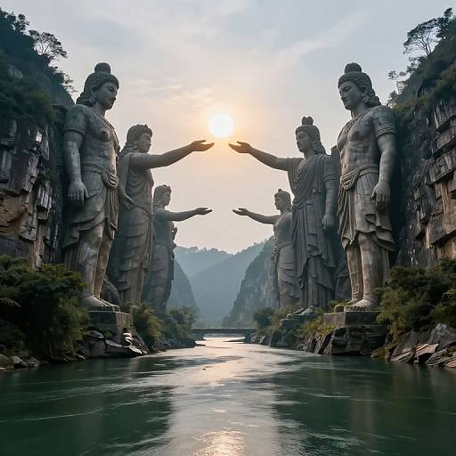 Photograph of five massive, gray stone statues of serene, robed figures standing in a narrow, mountainous river canyon, arms raised, at sunset
