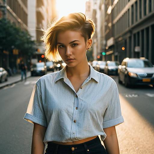 Woman with Short Undercut Hairstyle in City Street