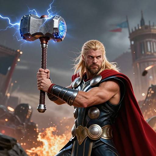 Photograph-style digital artwork of a muscular, blonde-bearded man with a red cape, wielding a blue lightning-enchanted hammer, standing amidst a