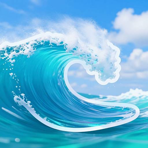 Vibrant digital illustration of a towering, curling ocean wave with bright blue hues, white frothy crest, and clear sky background.
