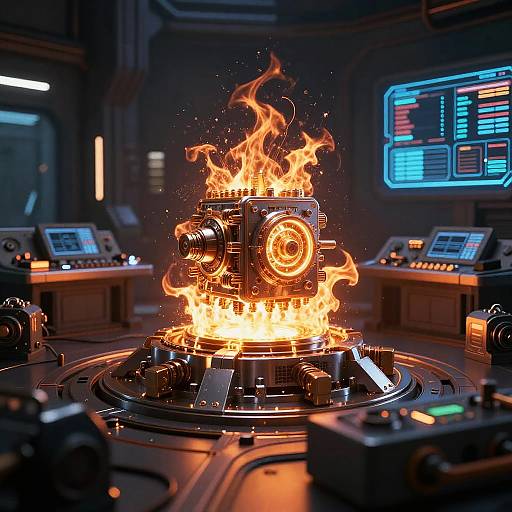 CGI image of a futuristic control room with a central, flaming, robotic device surrounded by control panels and neon-lit screens.
