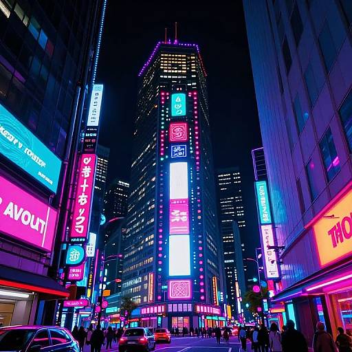 Neon-lit, vibrant nighttime photograph of a bustling city street, featuring brightly colored signs, tall skyscrapers, and pedestrians, in a cyber