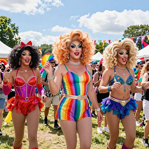 Photograph of three vibrant drag queens with curly wigs, colorful outfits, and glittery accessories, walking in a sunny outdoor parade with a rainbow flag