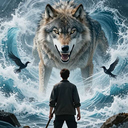 Digital art: A fierce, snarling wolf with glowing eyes emerges from turbulent blue waves, facing a silhouetted man with two black birds