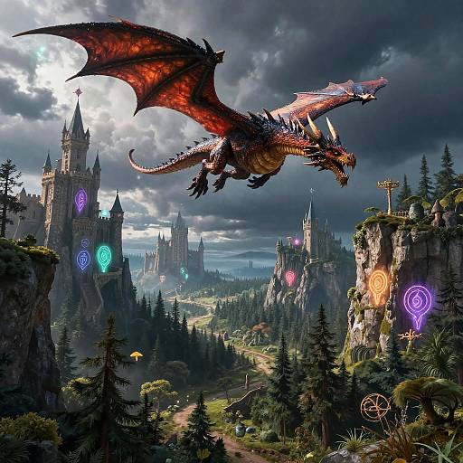 Digital fantasy artwork: Red dragon with wings spread, soaring above a mystical, castle-laden forest under dramatic clouds, glowing runes on cliffs.