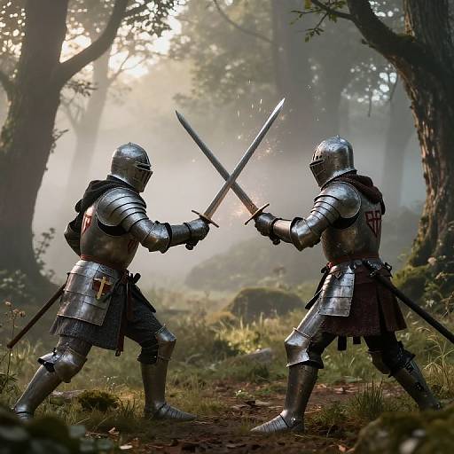 Photorealistic digital image: Two armored knights in a forest duel with crossed swords, sunlight filtering through trees, misty background.