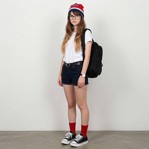 Young woman with long brown hair, glasses, white t-shirt, black shorts, red socks, black sneakers, beanie, and backpack, standing against